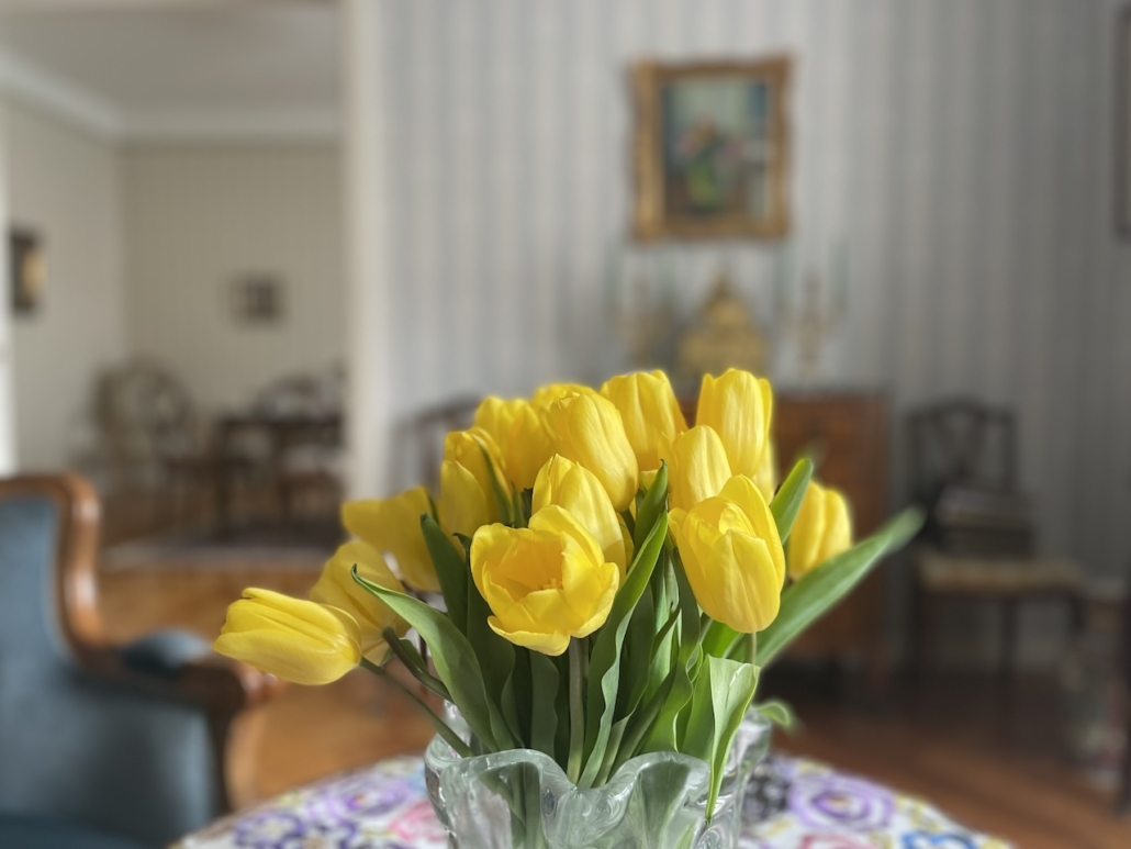 Keltaiset tulppaanit pöydällä pääsiäissunnuntaina.