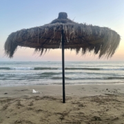 Bambuvarjo Bambuinen aurinkovarjo Albanian rantakohteessa.