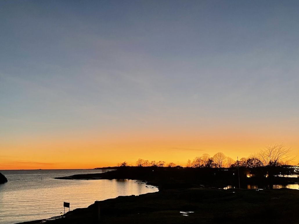 Kirkkaankeltainen horisontti Kaivopuiston laelta katsottuna.