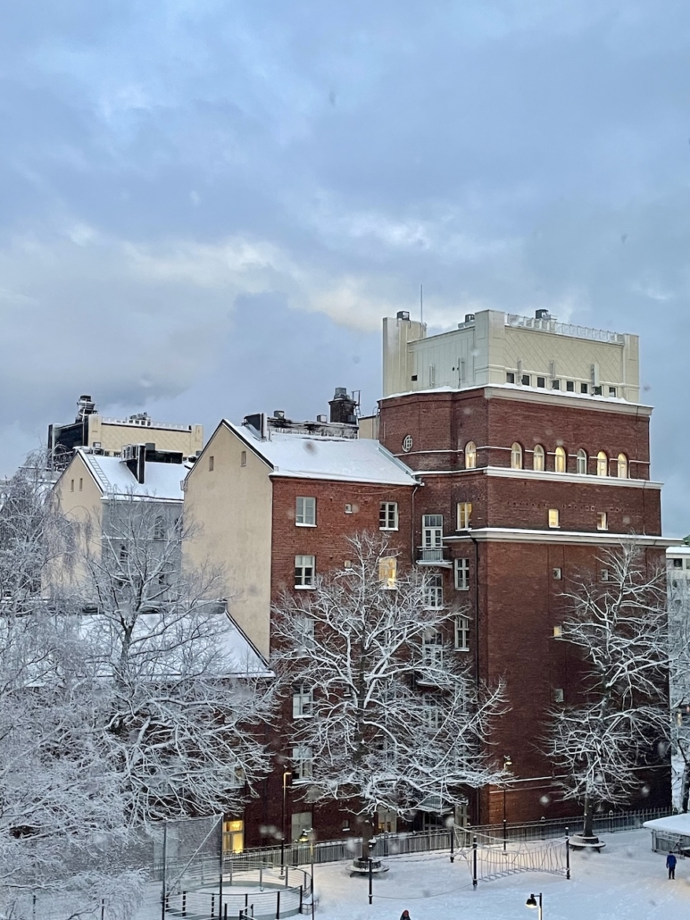 Talvinen maisema oman kodin ikkunasta.