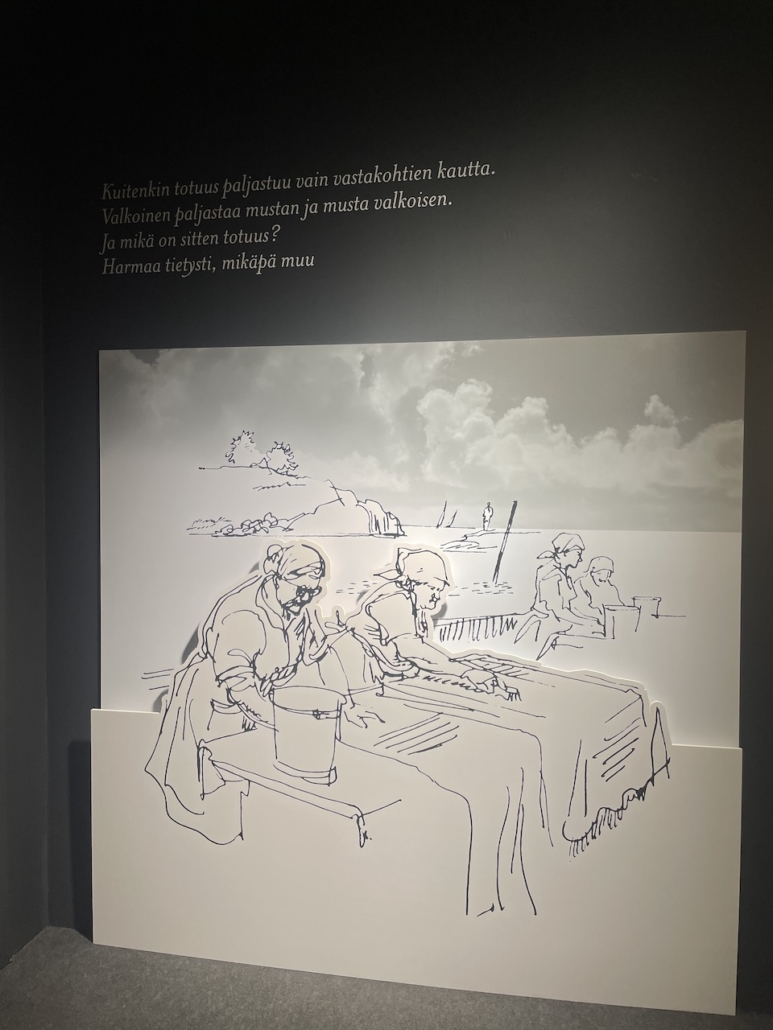 Henrik Tikkasen viivapiirros Merkkimuseon näyttelyssä.