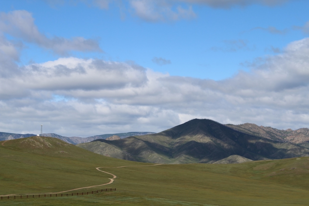 Mongolian vihreä aro ja horisontissa näkyvät vuoret.