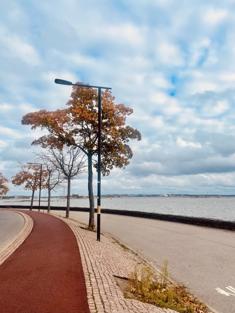 Puiden punertuneet lehdet Kaivopuiston syksyisessä maisemassa.