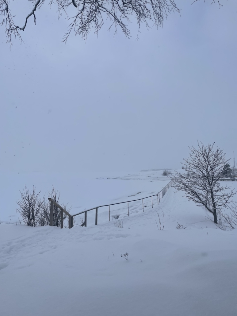 Valkoinen talvimaisema merelle päin Uunisaaresta, kun horisonttia eri erota.