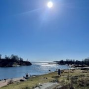 Auringonpaisteinen merimaisema Kaivopuistossa.