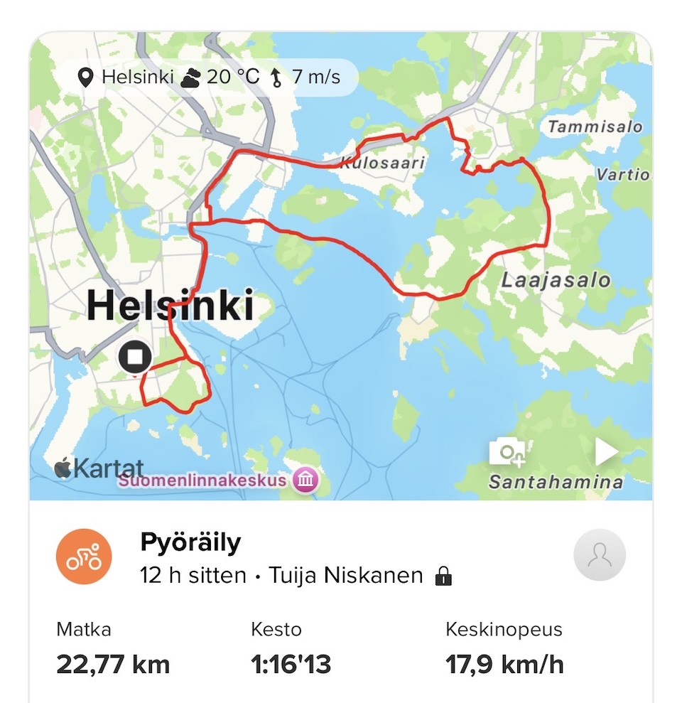 Sportstrackerin karttakuva pyöräreitistä.