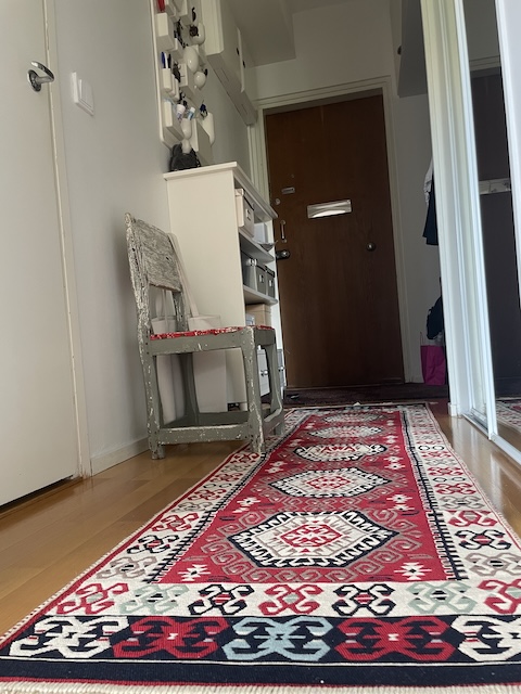 Eteisen kirjava matto, tuoli ja asunnon ulko-ovi.